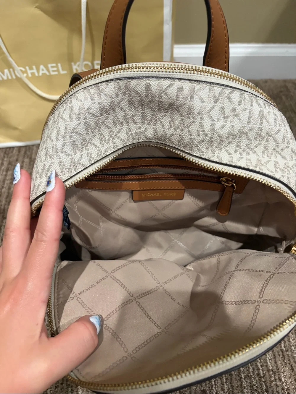 Michael Kors White & Brown MK Logo Backpack